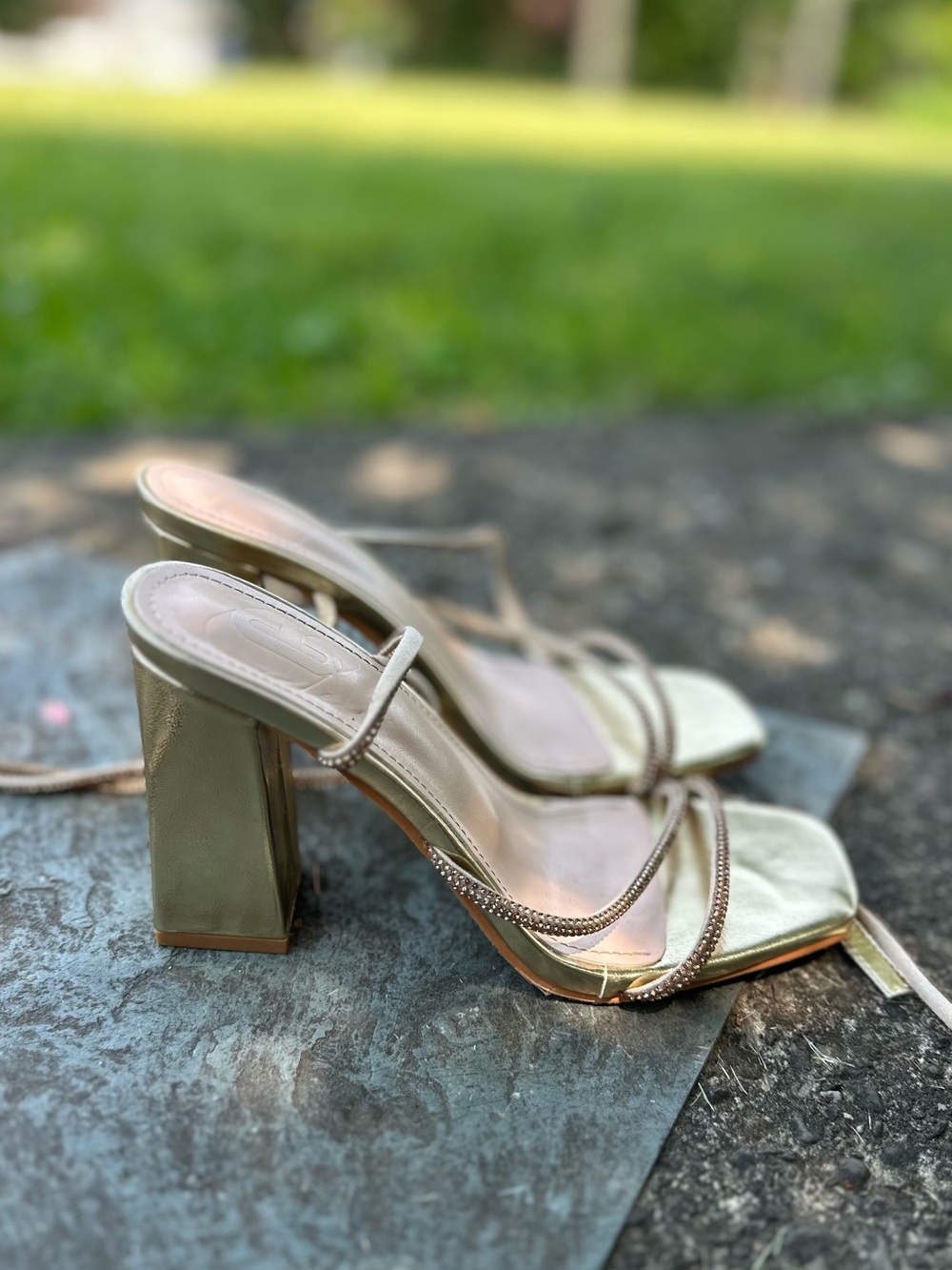 Metallic Gold Strappy Block Heel Sandals - Women